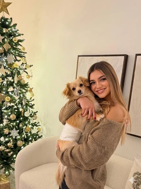 Woman holding a small golden dog wearing a sweater, sitting on a white chair next to a decorated Christmas tree with gold ornaments